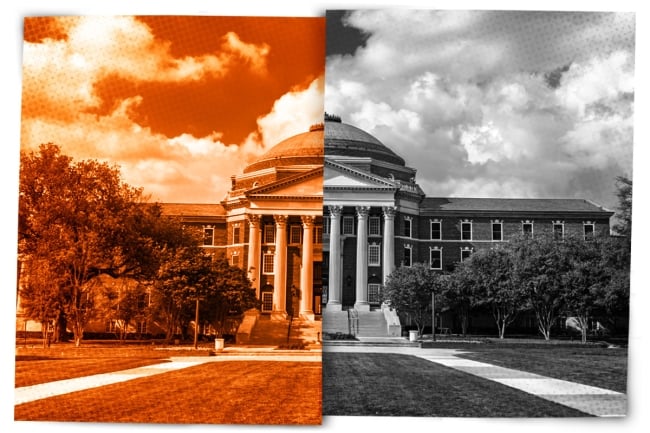 A campus photo of Southern Methodist University divided, half orange and half gray.