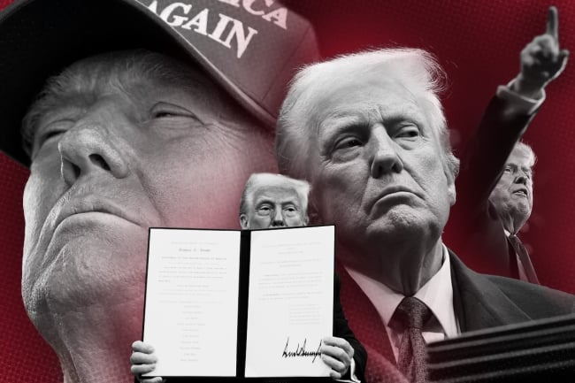 A photo illustration of photos of Donald Trump
