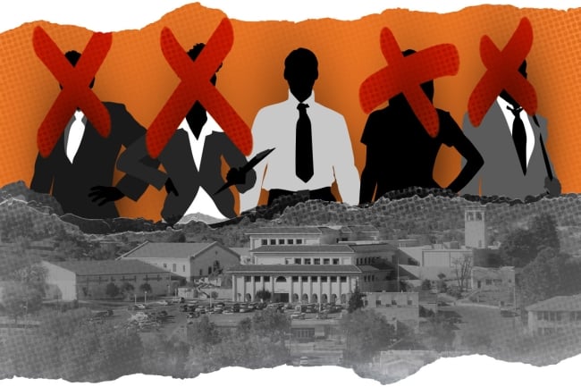 A photo illustration of five individuals, with four X'd out.