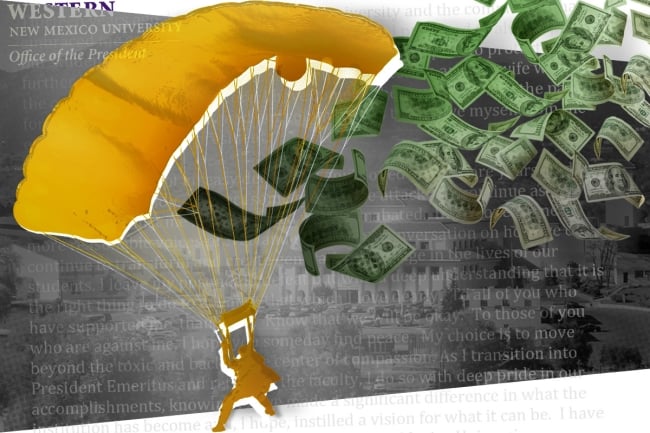 A photo of a figure with a golden parachute and money in the background.