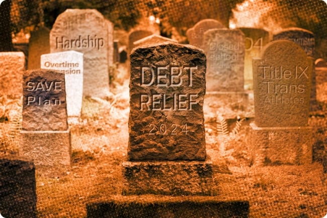 An illustration bathed in orange showing a set of tombstones etched with the names of regulatory topics