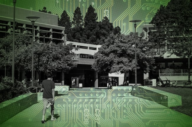 A photo illustration of a CSU campus, overlaid with the wiring of a microchip