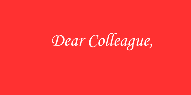 The words "Dear Colleague," in cursive script, against a red background.