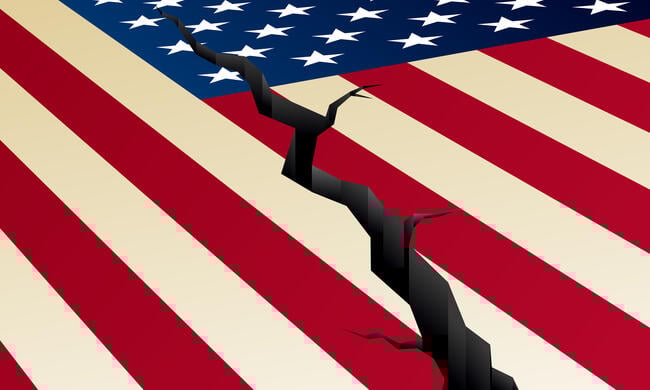 An illustration of an American flag, with a crack down the center of it.