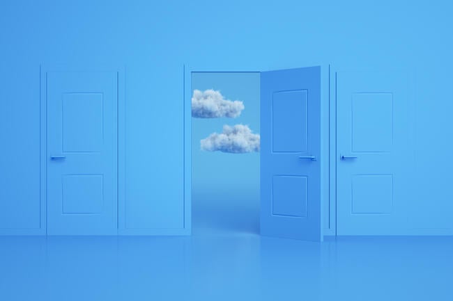 3-D rendering of the open door and cloud. Decisions and choices concept. Blue colors. Minimal design.