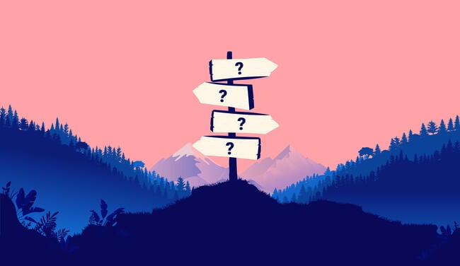 An illustration of a multidirectional road sign with four signs, each with a question mark, pointing in different directions, against a pink sunset or sunrise background and mountains.