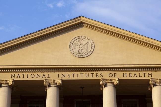 An exterior view of the main historic National Institutes of Health building in Bethesda, Md.