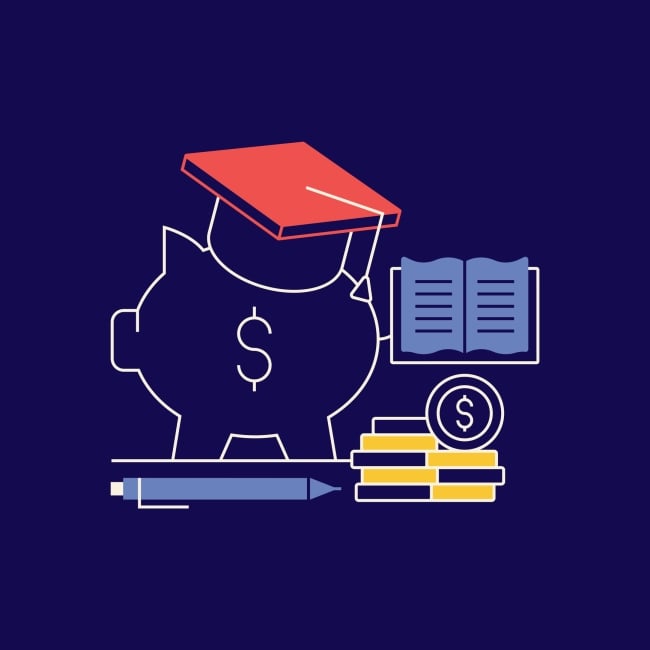 A drawing of a piggy bank wearing a graduation cap, along with icons of books, dollar signs, and a pen.
