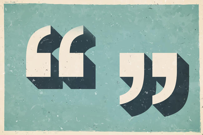 A vintage-style illustration of quotation marks against a blue background.