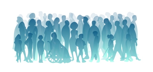 An illustration of a diverse group of individuals—senior citizens, children, a person in a wheelchair, men, women, etc.—in blue silhouette against a white background.