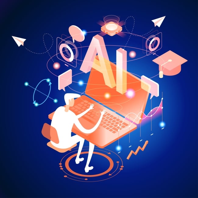 An illustration of an individual at a computer with the letters "AI" hovering above it, along with various icons signifying education (e.g., a graduation cap) and work.