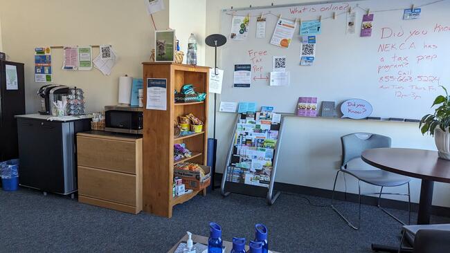 A resource room at a community college in Vermont, stocked with informational pamphlets, tax prep information and free food.