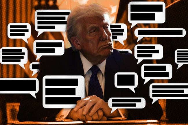 A photo illustration of Donald Trump surrounded by censored speech bubbles.