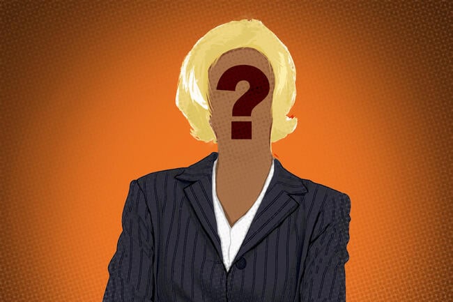 A woman with blond hair, but a question mark is replacing her face.