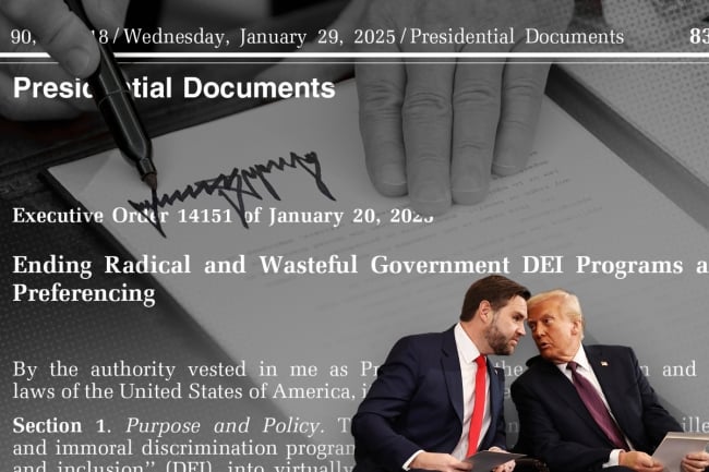 A photo illustration consisting of a photo of Donald Trump and JD Vance together transposed over language from a Trump executive order targeting diversity, equity and inclusion and a photo of Trump signing a document.