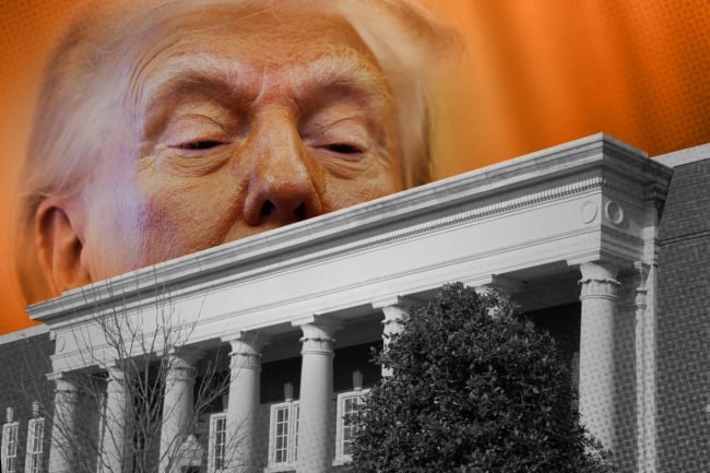 A photo illustration of Donald Trump overlooking a campus.