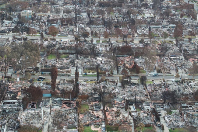 An aerial view of burned houses after the Los Angeles wildfires