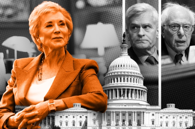 An illustration showing Linda McMahon with an elbow on the Capitol building. Images of two senators are in the corner.