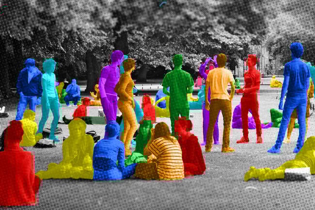 Bright multicolored images of students interact on a campus quad.