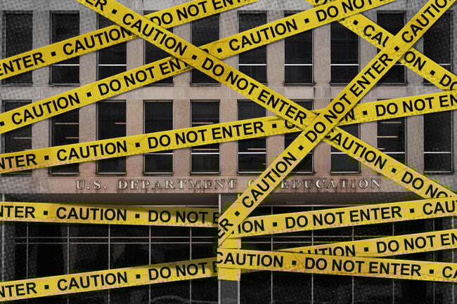 The Education Department building with caution tape on it