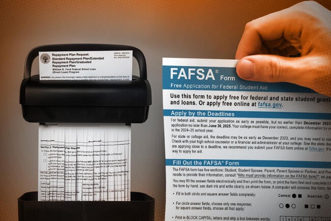 Person holding a FAFSA form in front of a shredder.