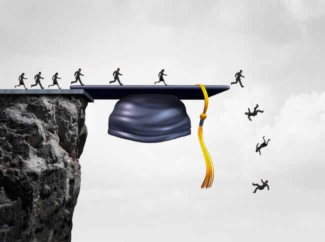 An illustration of people running off a cliff shaped like a graduation mortarboard, suggesting a failed educational system.