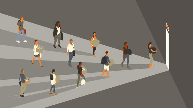 An illustration featuring 11 different employees carrying boxes heading toward the door, suggesting layoffs. They are following a beam of light out the door, while darkness surrounds them.