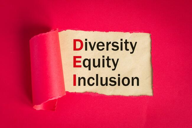 The words diversity, equity and inclusion can be seen against the backdrop of a torn magenta-colored page.