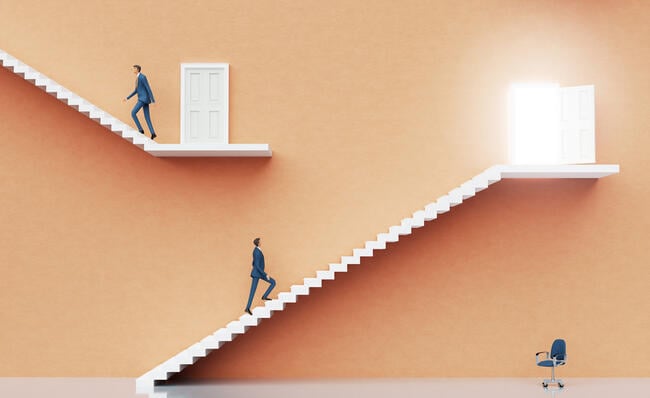 Businessman walking up stairs. Abstract environment with stairs and doors of opportunities, representing professional career, financial growth, ability, success. - stock photo