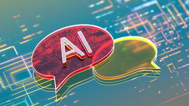 An illustration of two speech bubbles, one red and one yellow, against a multi-colored grid-like background; the red bubble says "AI."