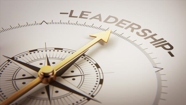 A golden compass pointing to the word "Leadership."