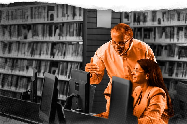 Photo illustration: A librarian helps an idividual with a computer.