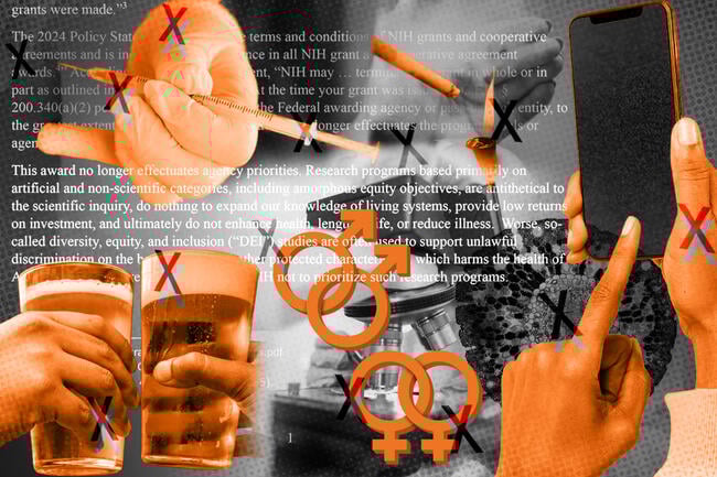 A collage representing cuts to various NIH grants.