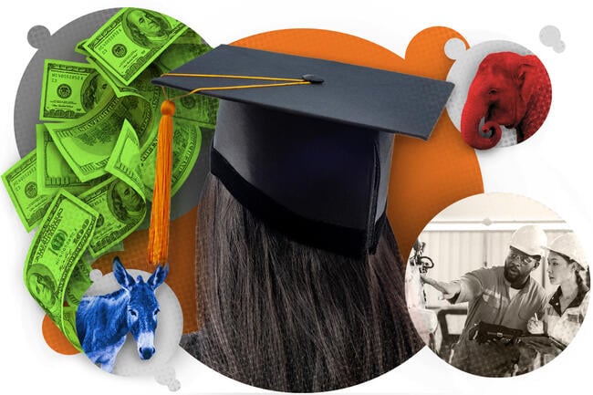Collage to illustrate concept of story: features a graduate in a cap, dollars to symbolize affordability/value, a workplace image and political party icons.