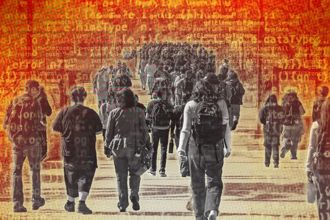 Students walking across campus with computer code behind them.