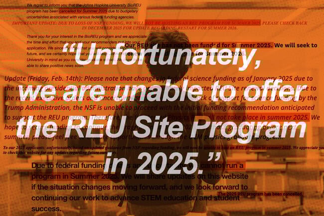 A kid in a backpack stands with several messages about REU programs being canceled in front of him. 