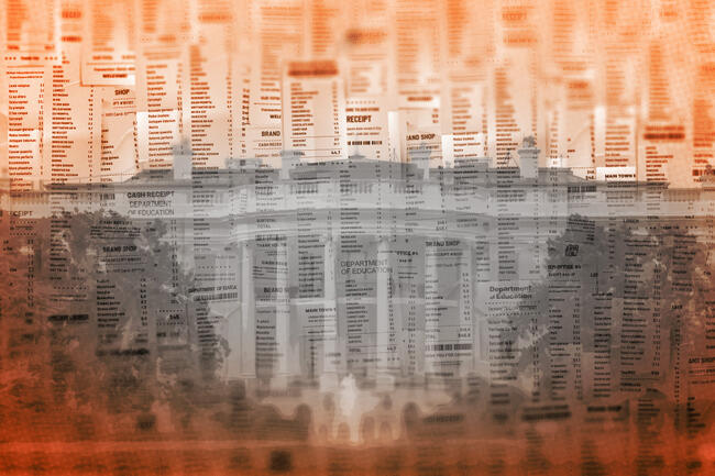 Blurred image of the White House and a wall of receipts