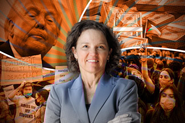 Various visual icons swirl around interim president of Columbia University Katrina Armstrong