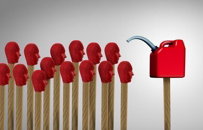 An illustration of a gas can over a set of matches with humanlike faces on them, illustrating the concept of gaslighting.