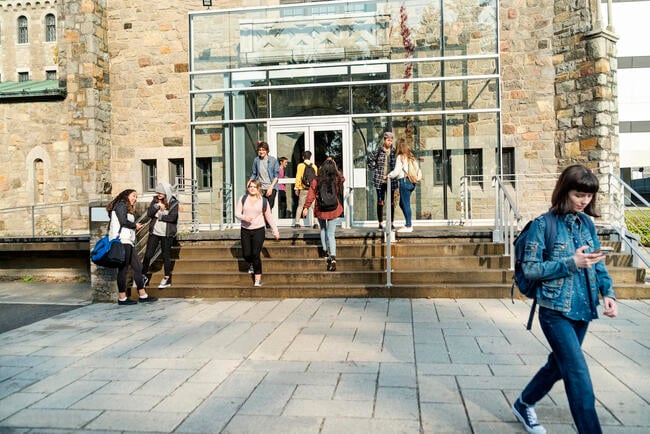 Medium group of multiethnic students going in and out of a college building entrance. Some are sitting and standing on a small staircase on a sunny day.