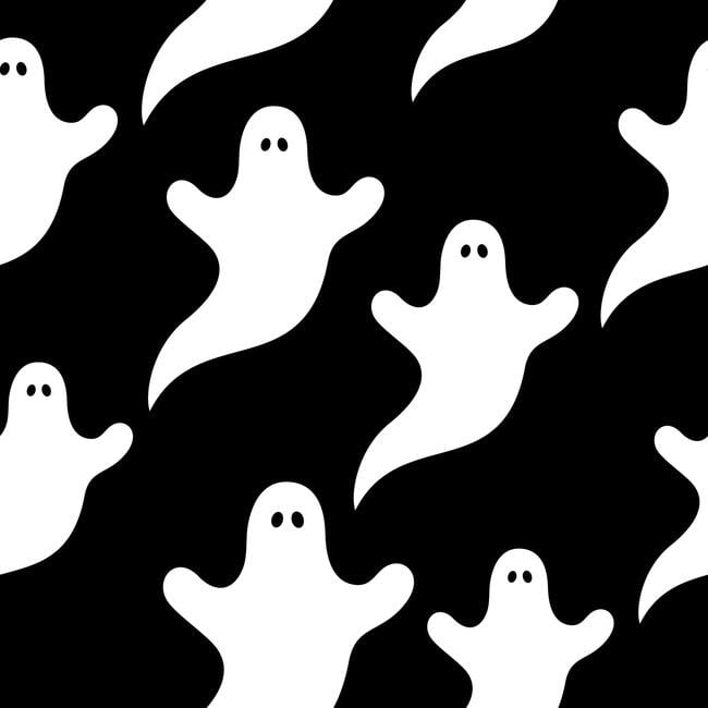 An illustration featuring a group of white ghosts floating against a black background. 