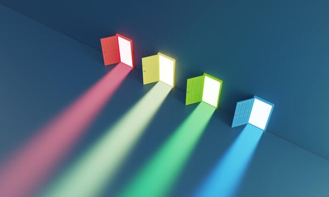 An illustration of four open doors, each of different colors, signifying choice.