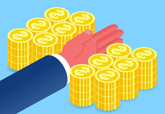 An illustration of a man's arm/hand separating two equally divided piles of gold coins.