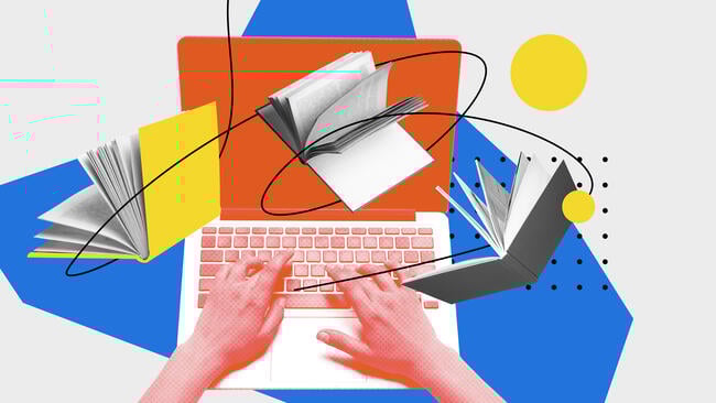 An illustration featuring male hands at work on a keyboard, with open books circling around.