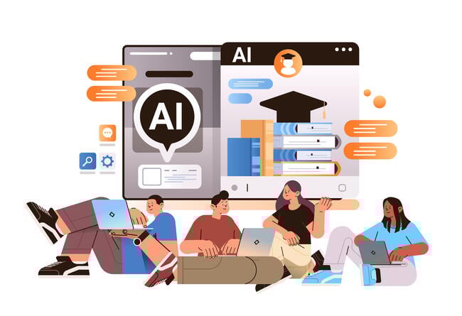 An illustration of a group of four students working on laptops against a backdrop of screens open to AI chat bots.