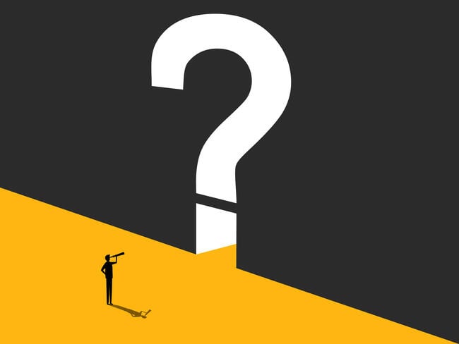 An illustration of a small male figure standing in front of a door shaped like a question mark.