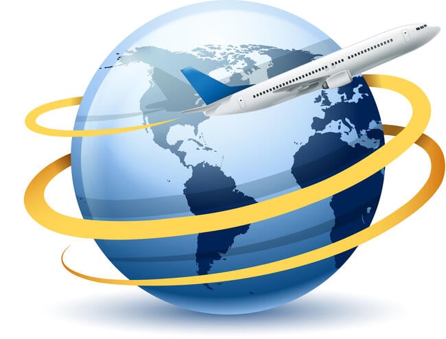 An illustration of a world globe with a plane flying around it.