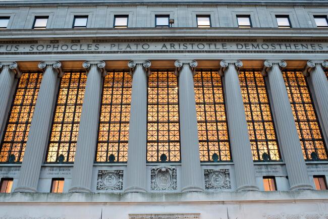 A photograph of Butler Library at Columbia University.