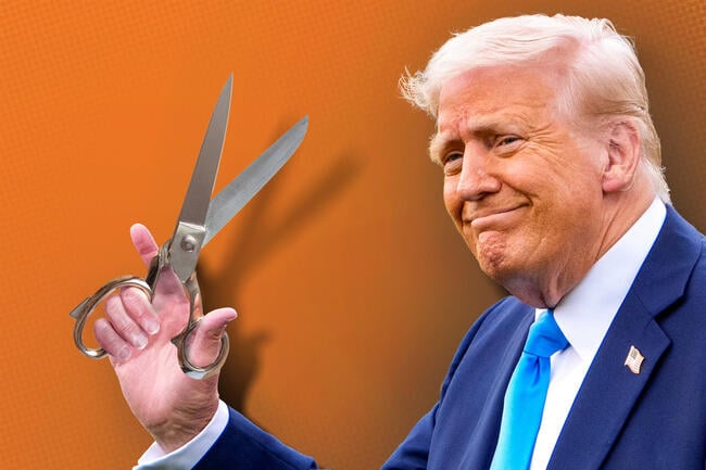 An illustration of President Trump smiling and holding a pair of scissors against an orange background.