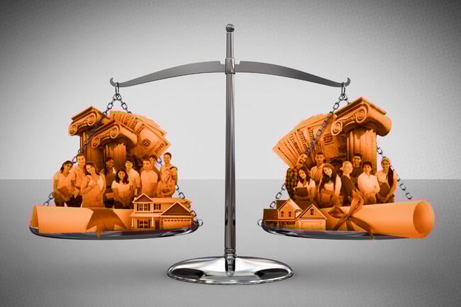 Illustration of a scale weighing new factors for college classification.